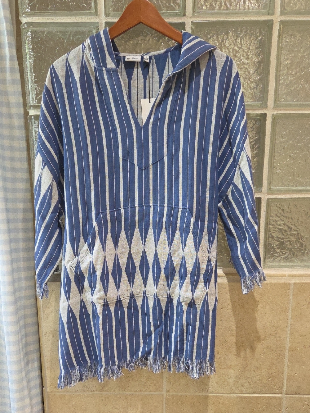 New Hermoza Blue and White Fringe Striped Hooded Beach Coverup Tunic Small